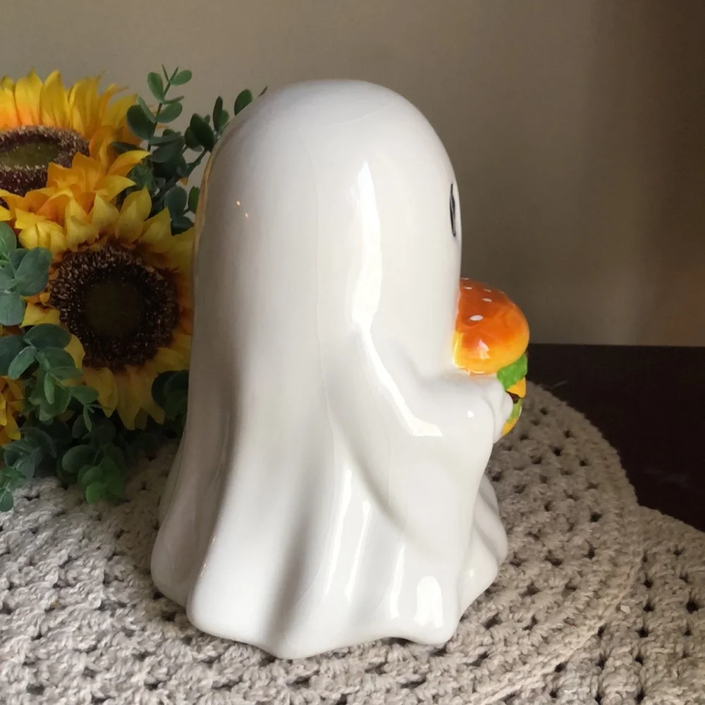 White Ceramic Ghost Figurine Holding Burger